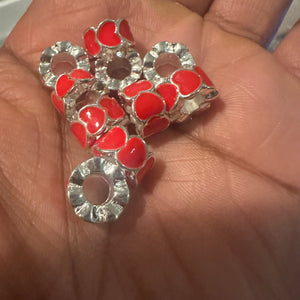 10 red heart big hole beads