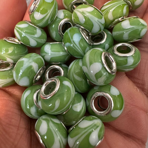 10 green and white big hole beads