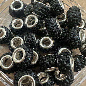 10 black rhinestone big hole beads