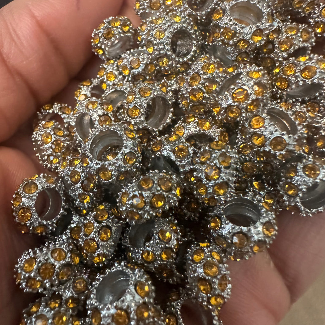 10 yellow rhinestone big hole beads