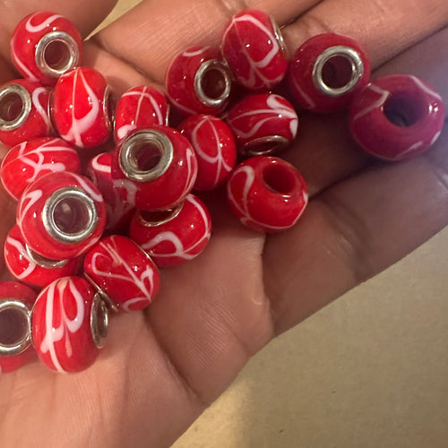 10 red and white big hole beads