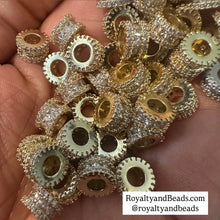 Load image into Gallery viewer, 3 gold and clear pave beads 8mm