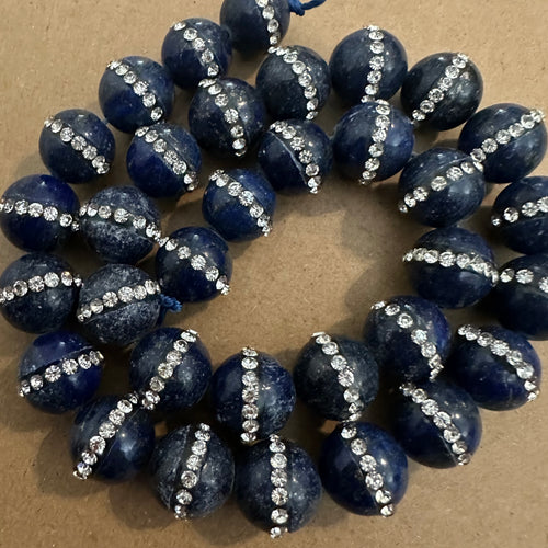 Blue rhinestone encrusted beads 12mm