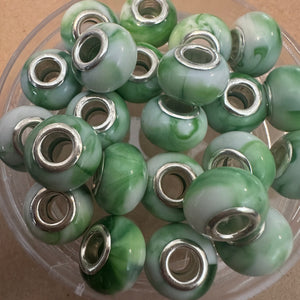 10 green and white big hole beads