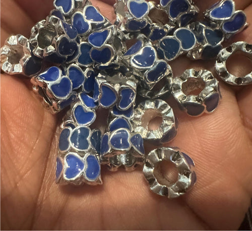 10 blue heart big hole beads