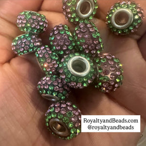 5 pink and green big hole beads.