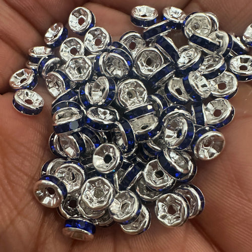50 blue and silver rondelle spacers. 6mm