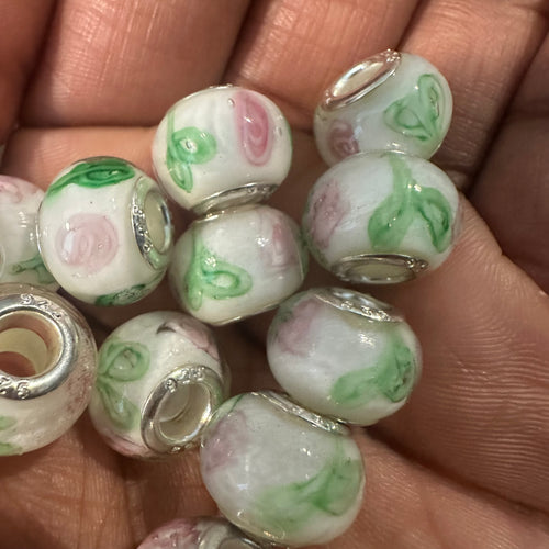 10 white pink and green rhinestone spacers
