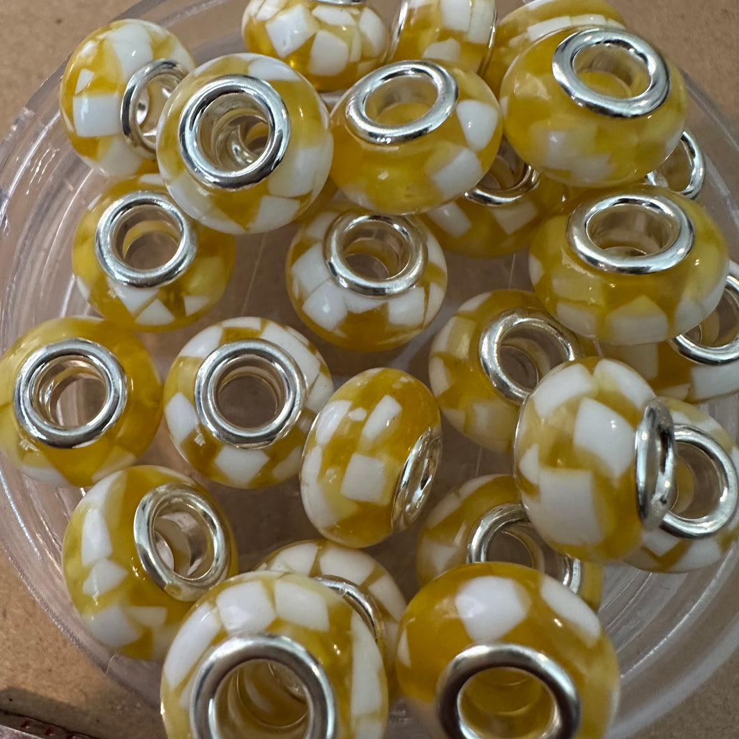 10 yellow and white big hole beads