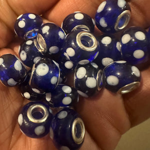 10 polka dot blue and white big hole beads