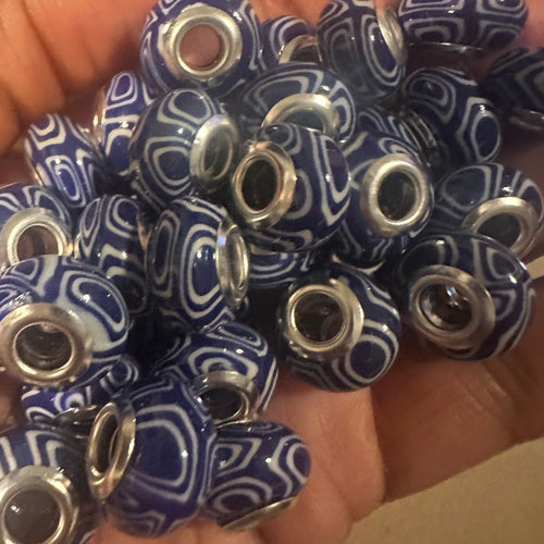 10 blue and white big hole beads