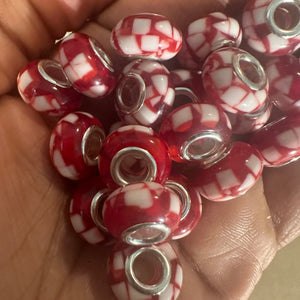 10 red and white big hole beads