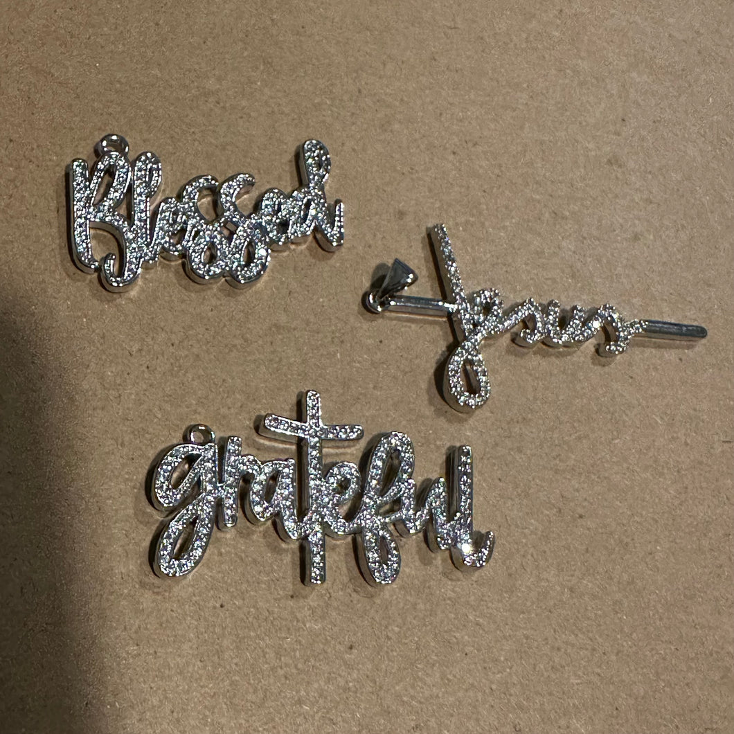3 pave word charms (silver )