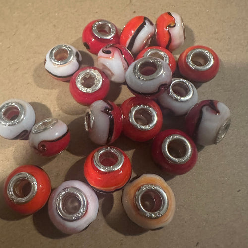 10 red and white big hole beads