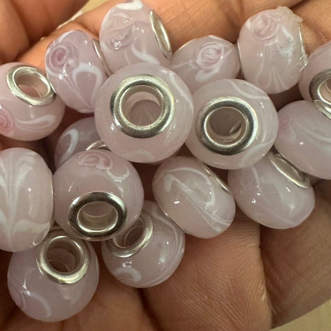 10 pink and white big hole beads