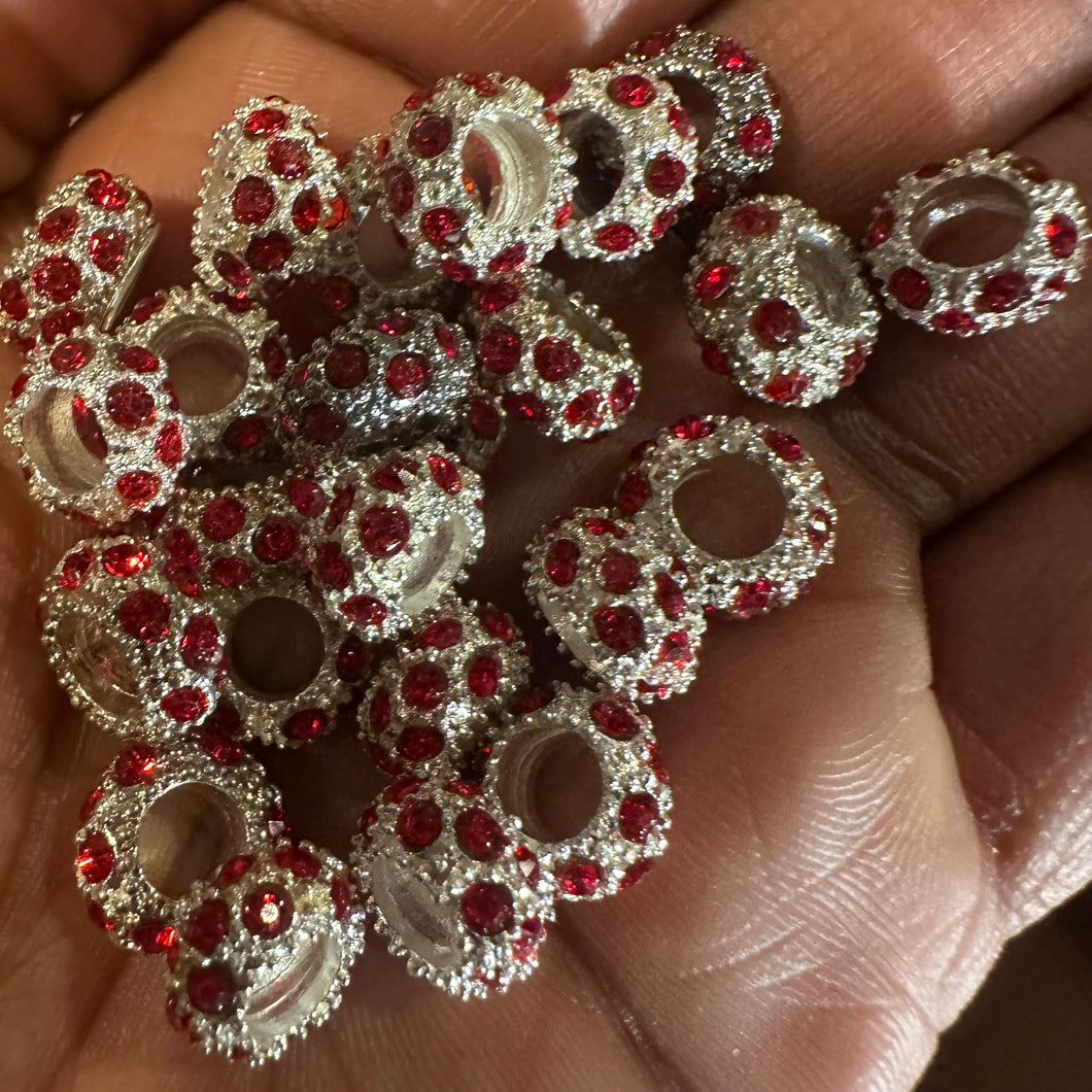 10 red rhinestone big hole beads