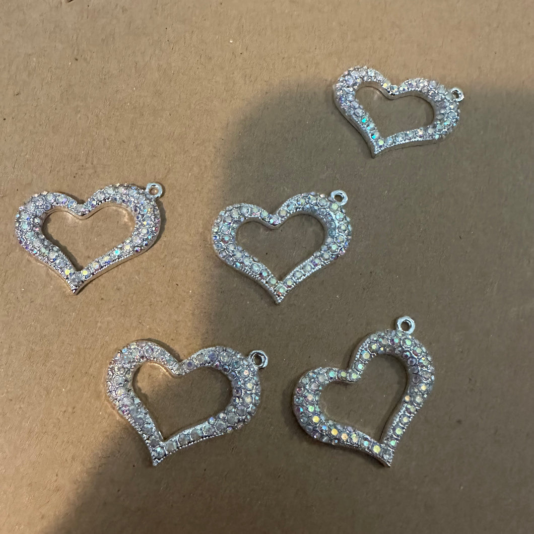 5 silver heart charms (clear AB)