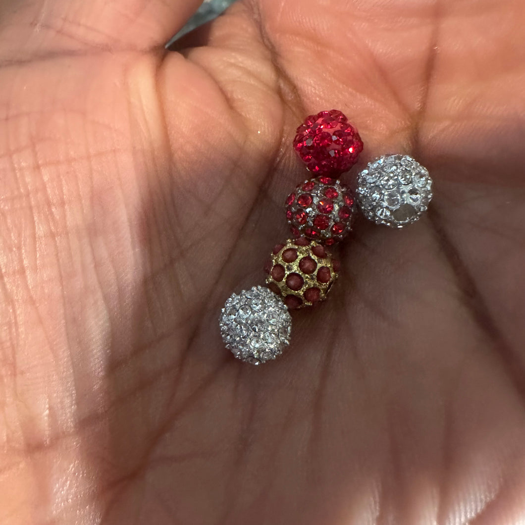 5 white and red rhinestone beads 8mm