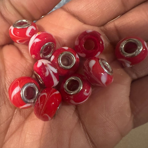 10 red and white big hole beads