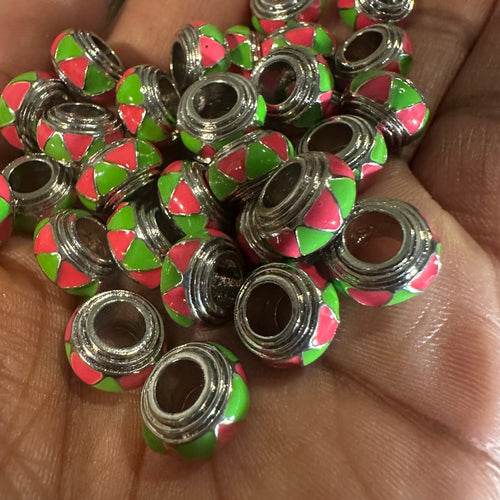 10 pink and green big hole beads.