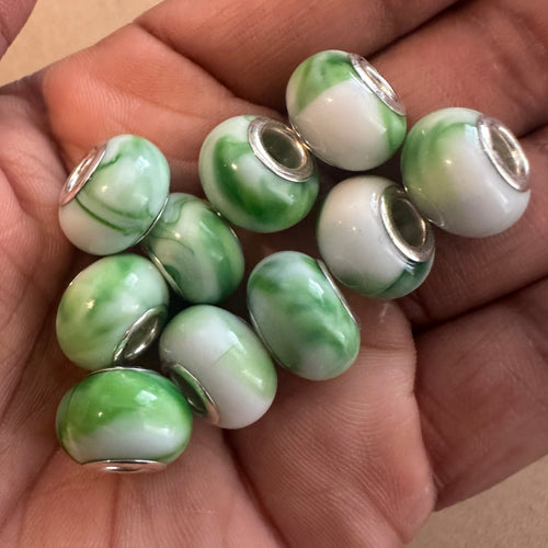 10 white and green big hole beads