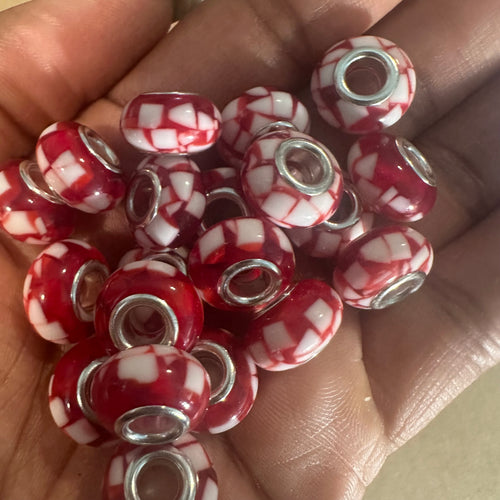 10 red and white big hole beads