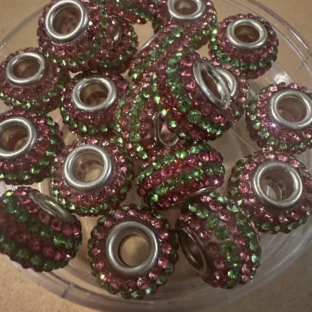 Pink and green big hole beads.
