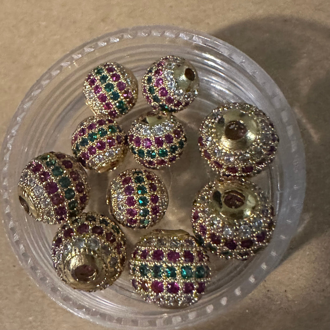 Gold pink and green pave beads