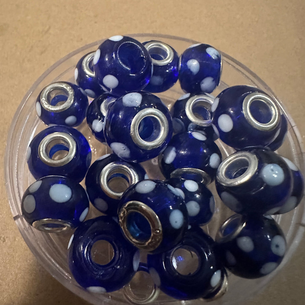 10 polka dot blue and white big hole beads