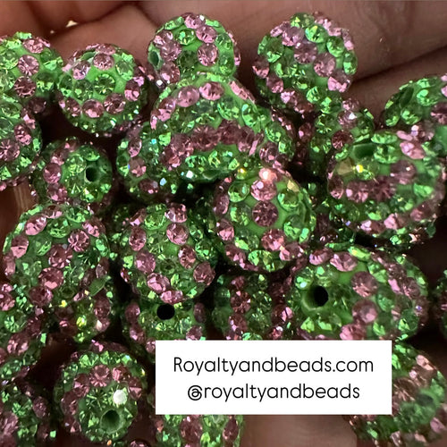 5 pink and green rhinestone beads 10mm