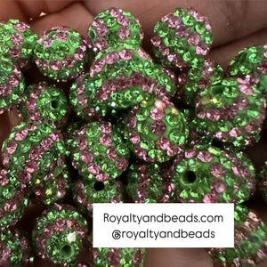 5 pink and green rhinestone beads 10mm