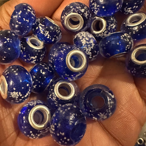 10 blue and white big hole beads