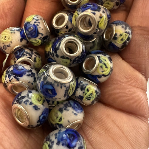10 blue and green big hole beads