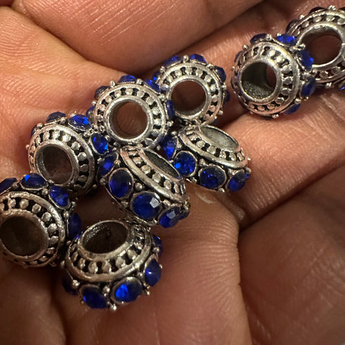 10 blue rhinestone big hole beads