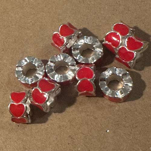 10 red heart big hole beads