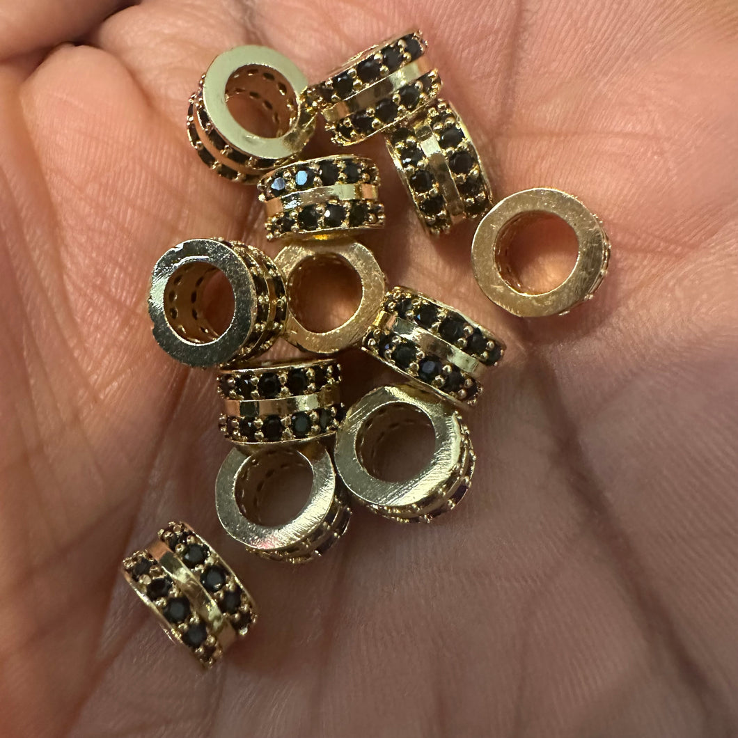 3 gold and black pave beads 8mm