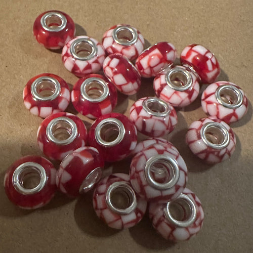 10 red and white big hole beads