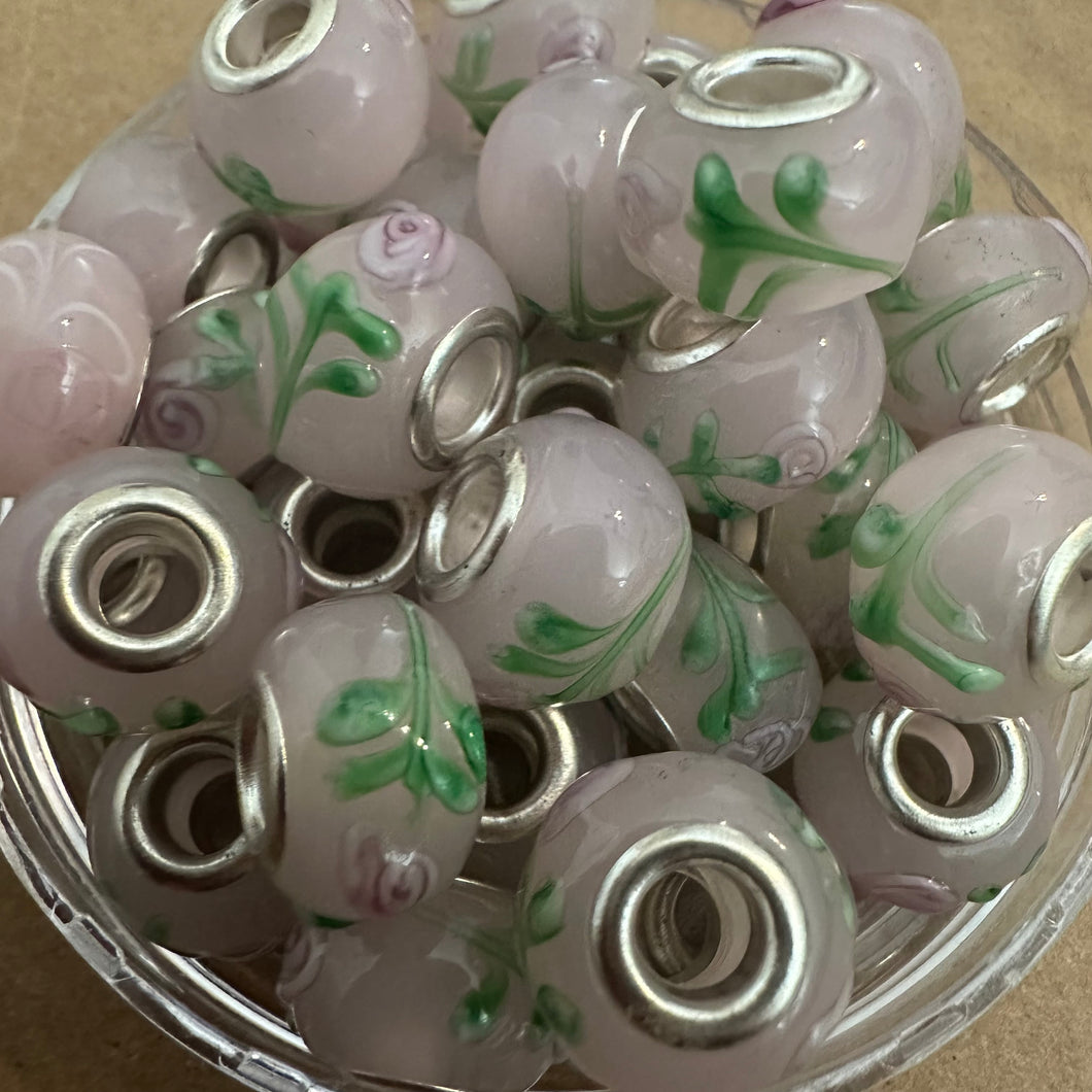 10 pink and green big hole beads