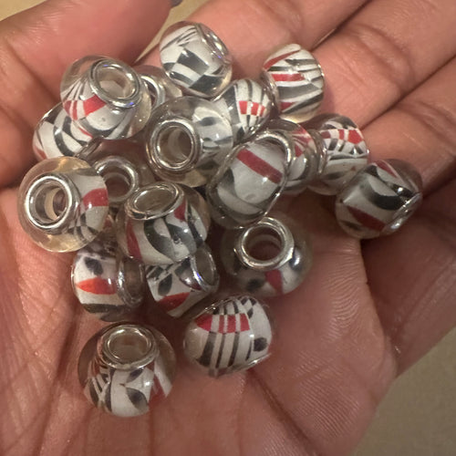 10 white red and black big hole beads