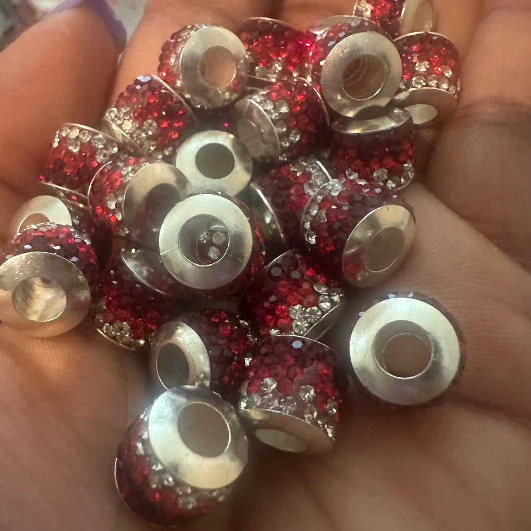 5 red and white big hole beads.