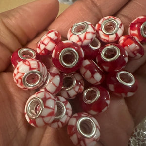 10 red and white big hole beads